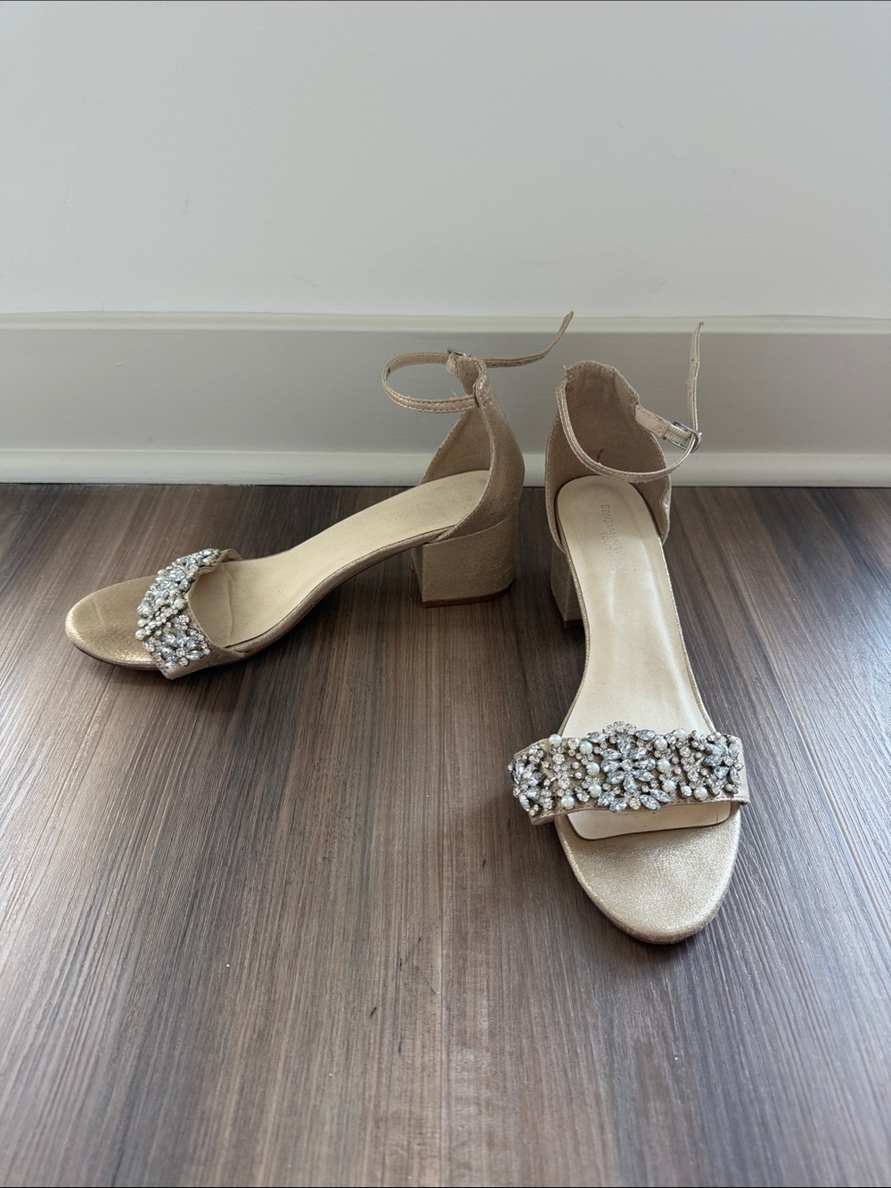 Benjamin Walk Gold Beaded Ankle-Strap Block Heels